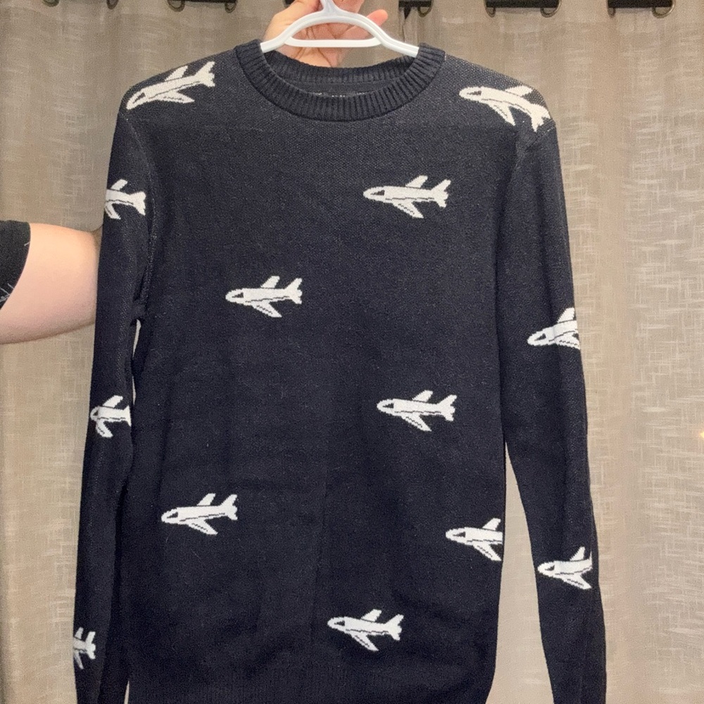 H&M Black and White Crewneck Sweater with Airplane Pattern